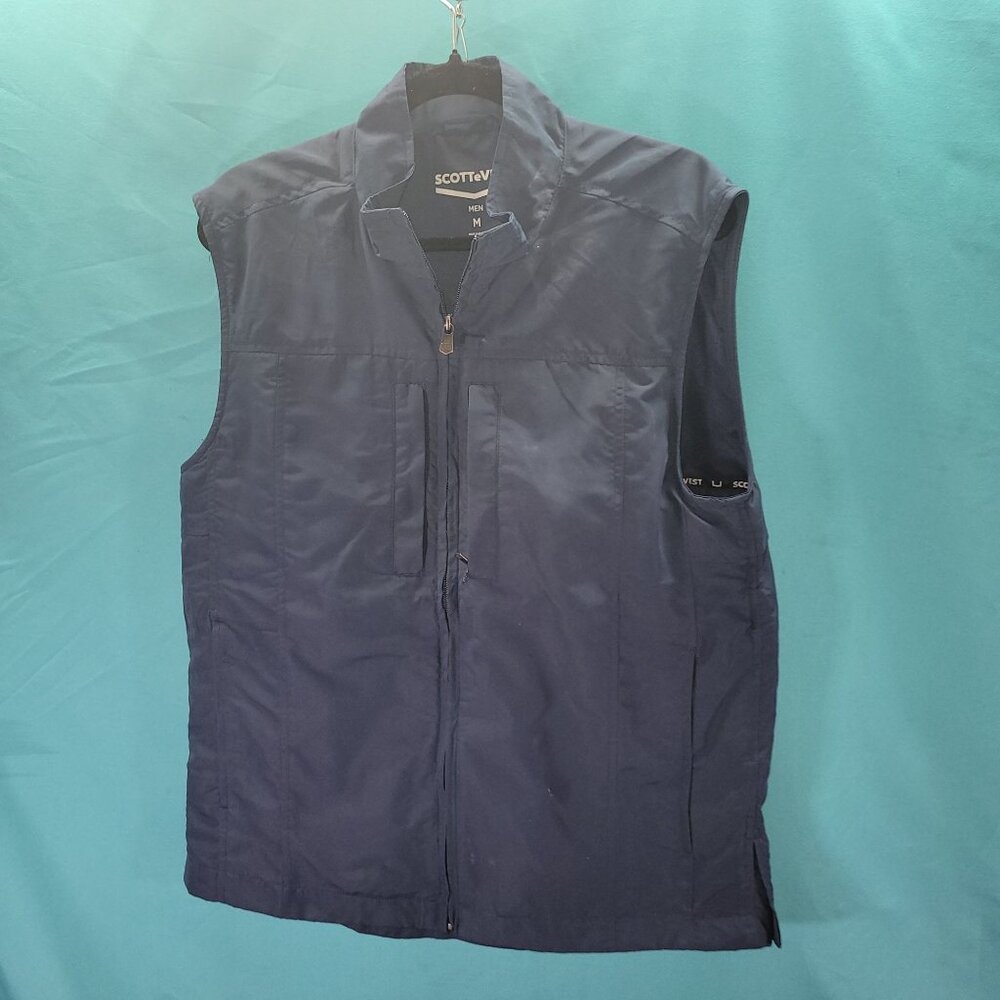 Scottevest Mens Medium Navy Blue Travel Vest With Multiple Pockets & Zipper Clos
